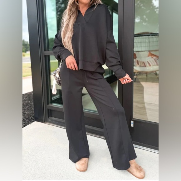 Pants - Collared Black Pullover Set W/ Wide Leg Pants